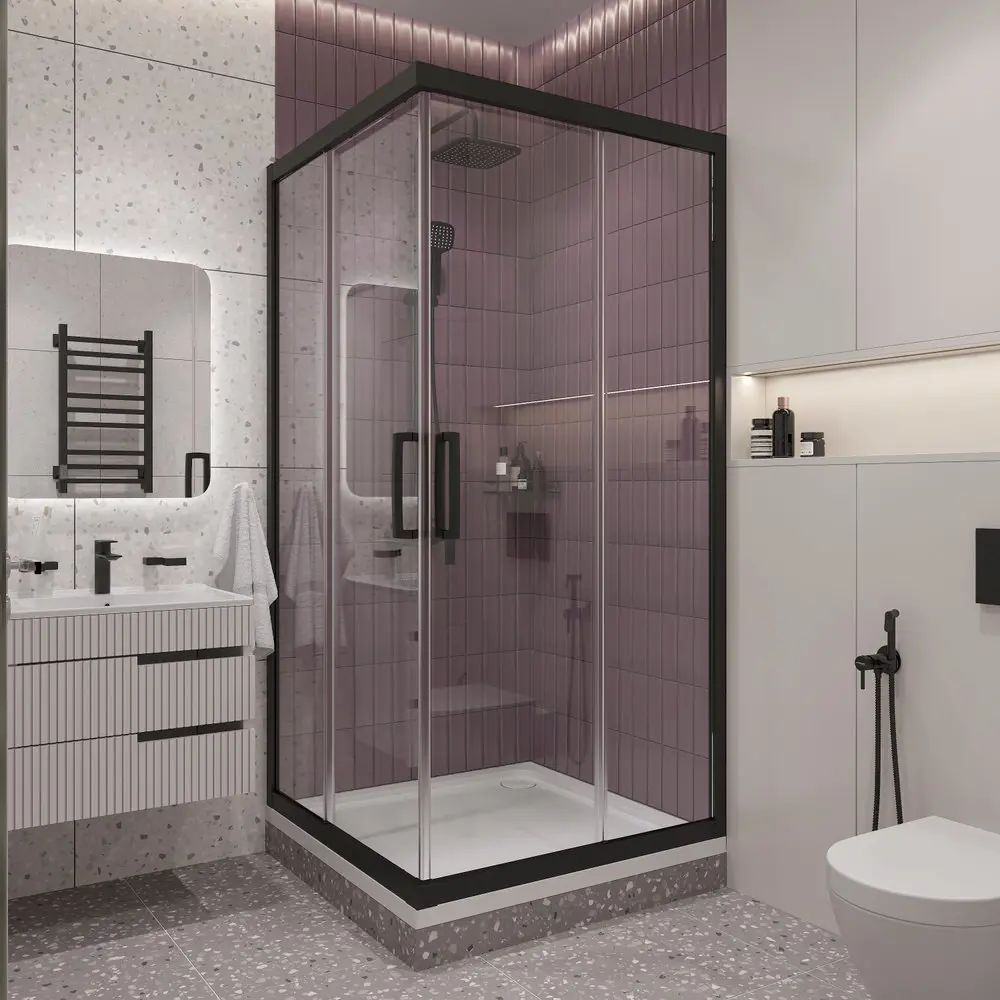 Фото Душевой уголок Stworki 464900 прямой 100х100см черный профиль эффект стекла прозрачный Фото Душевой уголок Stworki 464900 прямой 100х100см черный профиль эффект стекла прозрачный