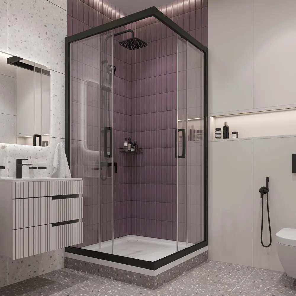 Фото 2 Душевой уголок Stworki 464900 прямой 100х100см черный профиль эффект стекла прозрачный Фото 2 Душевой уголок Stworki 464900 прямой 100х100см черный профиль эффект стекла прозрачный