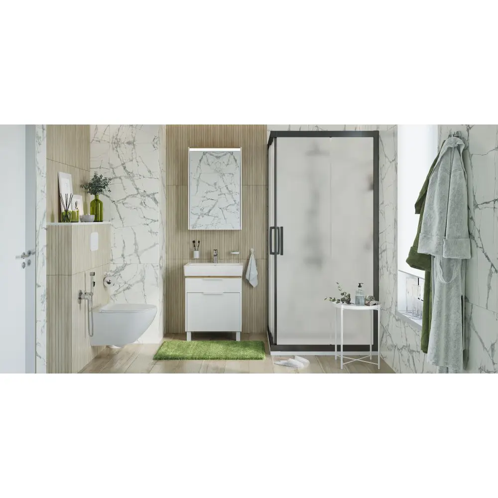 Фото 3 Душевой уголок Stworki 465029 прямой 95х95см черный профиль эффект стекла матовый Фото 3 Душевой уголок Stworki 465029 прямой 95х95см черный профиль эффект стекла матовый