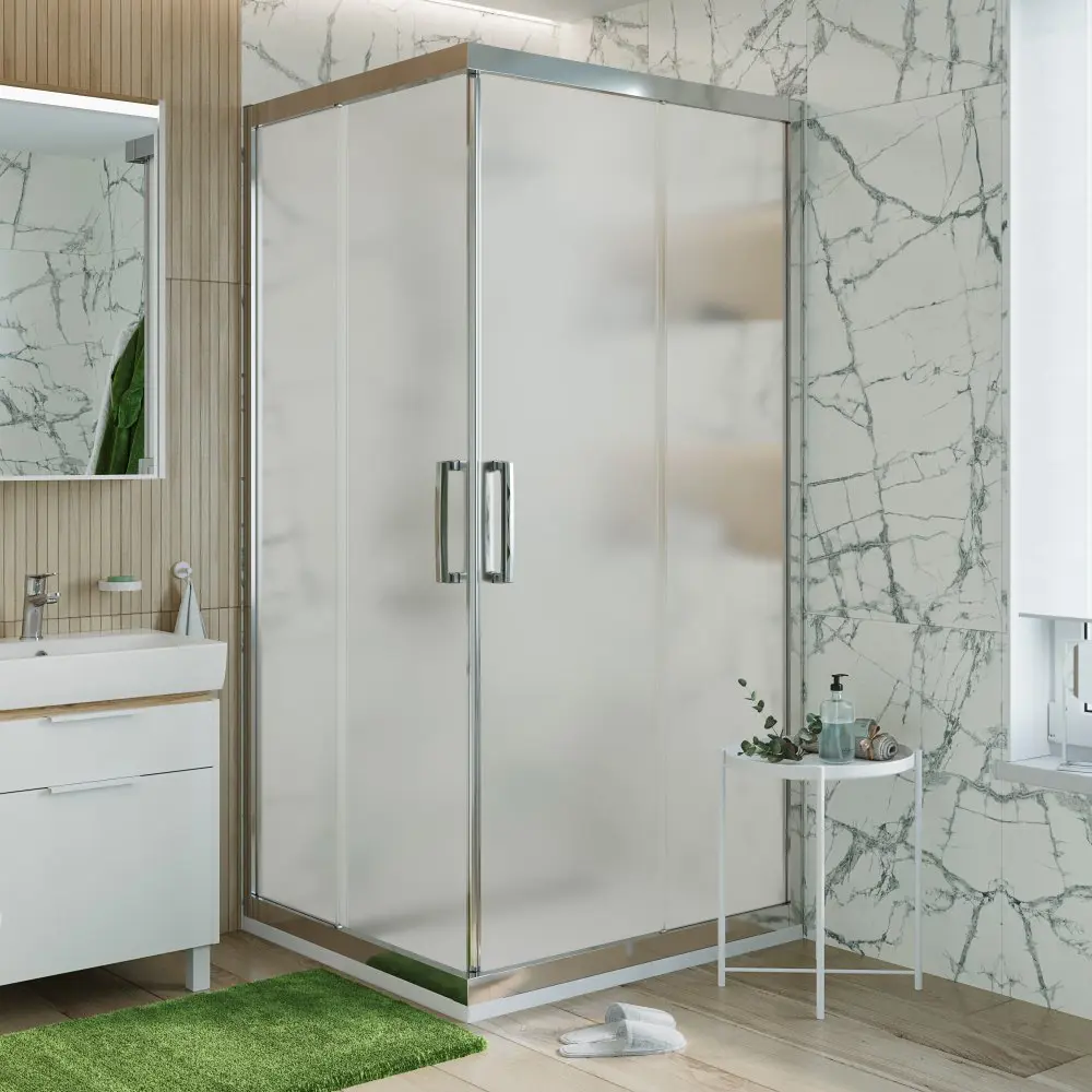 Фото Душевой уголок Stworki 465118 прямой 100х100см хромированный профиль эффект стекла матовый Фото Душевой уголок Stworki 465118 прямой 100х100см хромированный профиль эффект стекла матовый