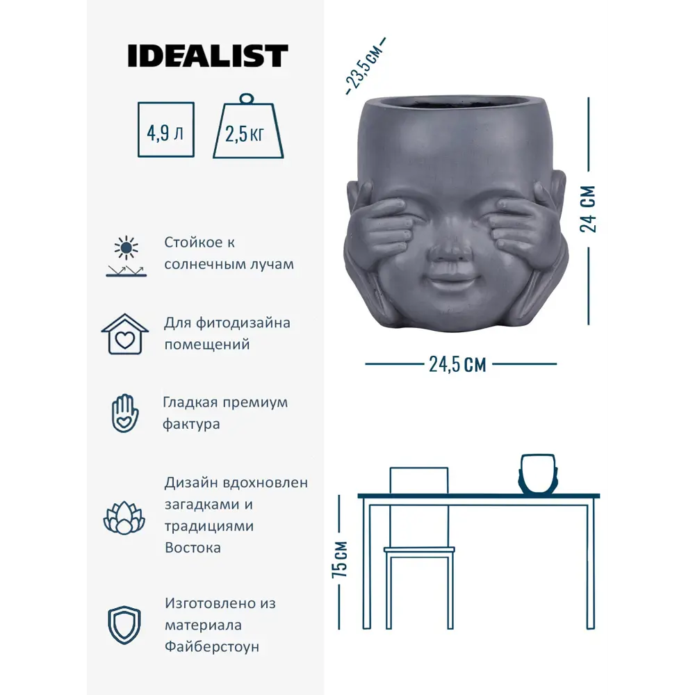 Фото 3 Кашпо Голова малыш-монах Idealist lite 23.5 см 4.9 л искусственный камень серый Фото 3 Кашпо Голова малыш-монах Idealist lite 23.5 см 4.9 л искусственный камень серый