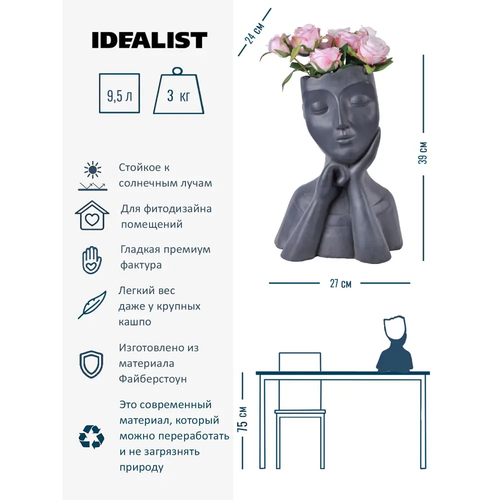 Фото 3 Кашпо Женское Лицо Idealist lite 24 см 9.5 л искусственный камень черный Фото 3 Кашпо Женское Лицо Idealist lite 24 см 9.5 л искусственный камень черный