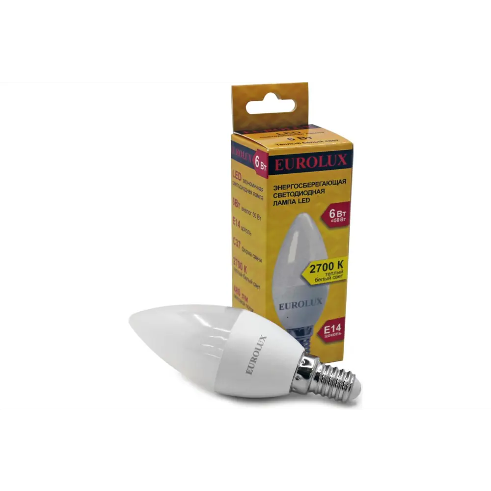 Фото Лампа светодиодная EUROLUX 00-00008720 E14 230 В 6 Вт свеча прозрачная 480 Лм теплый белый свет Фото Лампа светодиодная EUROLUX 00-00008720 E14 230 В 6 Вт свеча прозрачная 480 Лм теплый белый свет