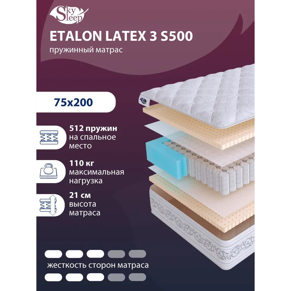 Фото Матрас SkySleep Expert Relax S500 75x200 см независимый пружинный блок, односпальный, ортопедический, латексный Фото Матрас SkySleep Expert Relax S500 75x200 см независимый пружинный блок, односпальный, ортопедический, латексный