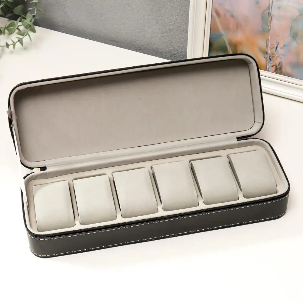 Фото 6 Шкатулка Simaland под часы 6 отделений "Чёрная с белой строчкой" 7.5x33x11 см