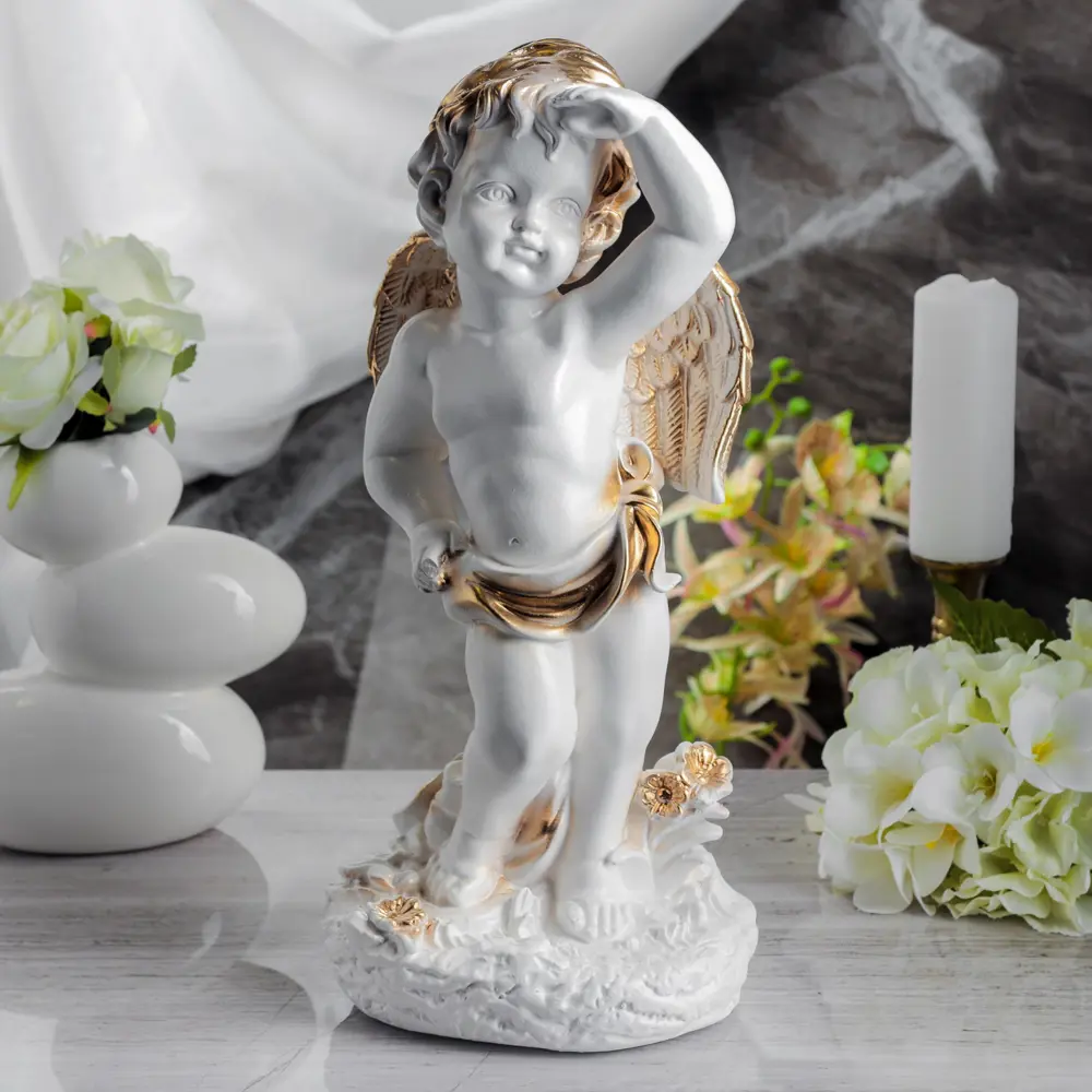 Фото Статуэтка "Ангел смотрящий вдаль", бело-золотая, 40 см Фото Статуэтка "Ангел смотрящий вдаль", бело-золотая, 40 см