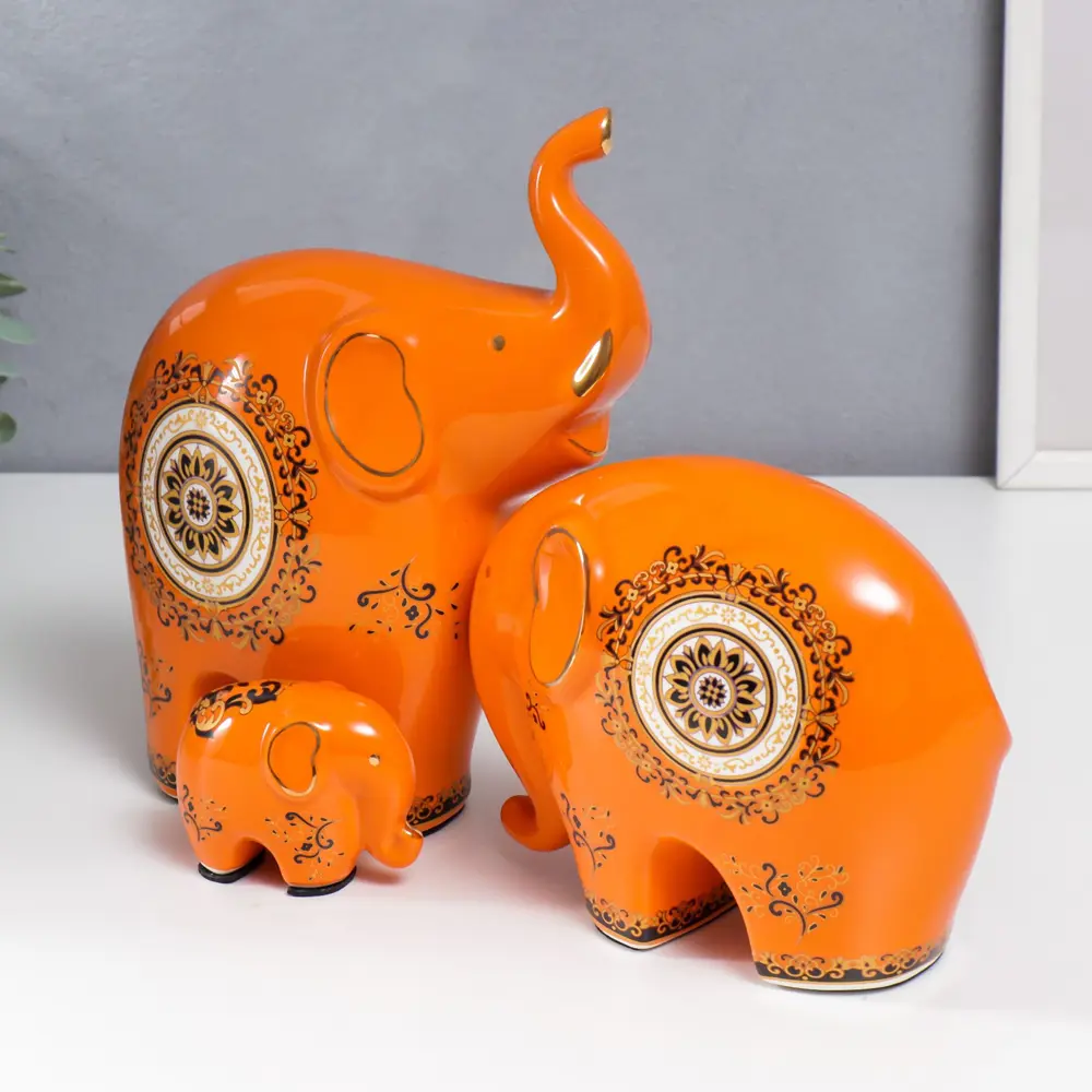 Фото 4 Набор сувениров интерьерных 3 шт "Три слона - узоры" оранж 6.5x4.6x8.2 см, 15x8.5x18 см, 24x9.2x19.3 см