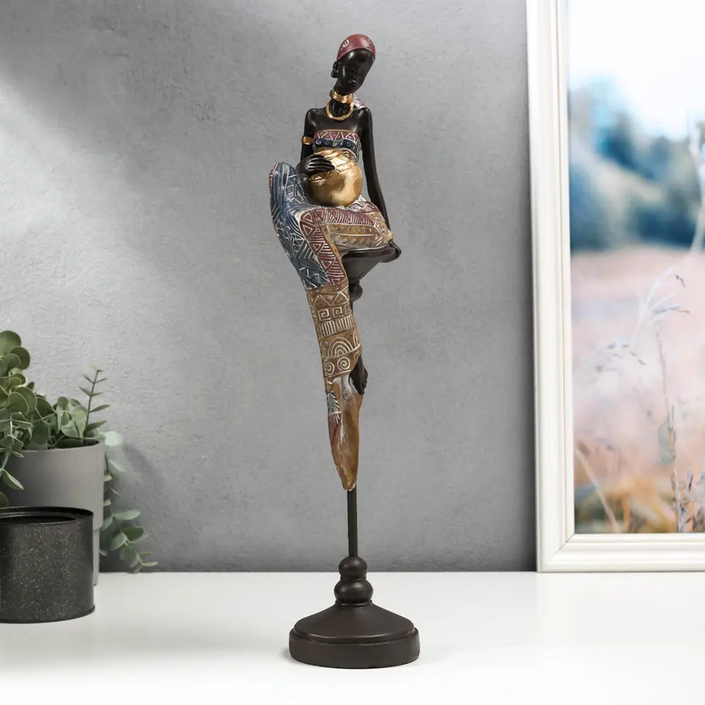 Фото 2 Сувенир интерьерный "Африканка с кувшином в наряде - геометрия, на стуле" 43x11x9.3 см