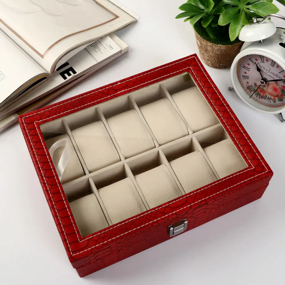 Фото 5 Шкатулка под часы 10 отделений "Питон бордовый с прожилками" 7.5x25.5x20 см