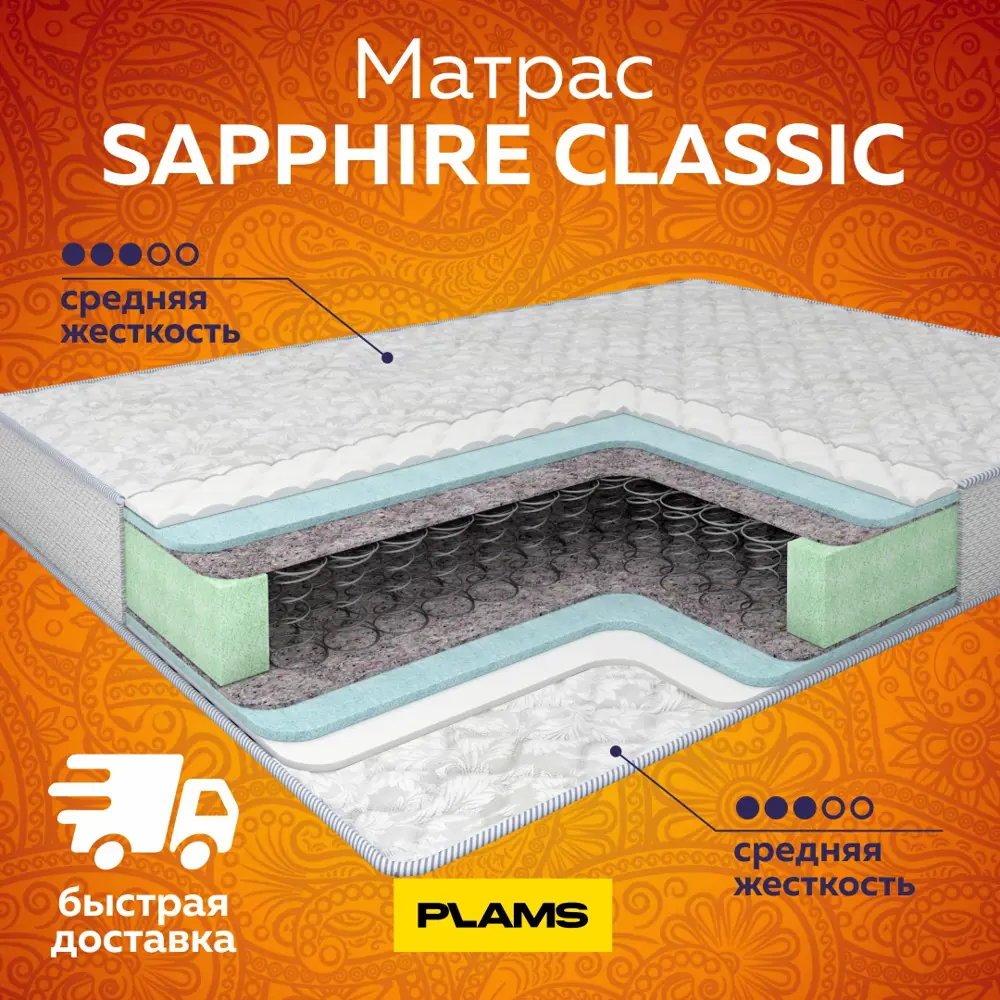 Фото 3 Матрас Plams Sapphire Classic 140x200 см зависимый пружинный блок, полутораспальный, ортопедический Фото 3 Матрас Plams Sapphire Classic 140x200 см зависимый пружинный блок, полутораспальный, ортопедический