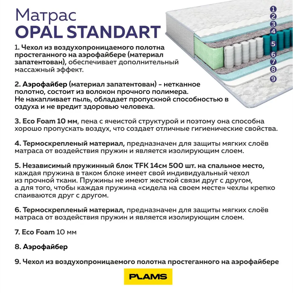 Фото 5 Матрас Plams Опал Стандарт 90x190 см независимый пружинный блок, односпальный, ортопедический Фото 5 Матрас Plams Опал Стандарт 90x190 см независимый пружинный блок, односпальный, ортопедический