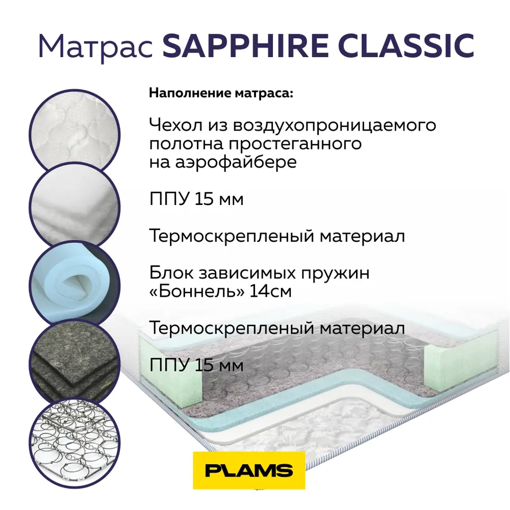 Фото 4 Матрас Plams Sapphire Classic 90x180 см зависимый пружинный блок, односпальный, ортопедический