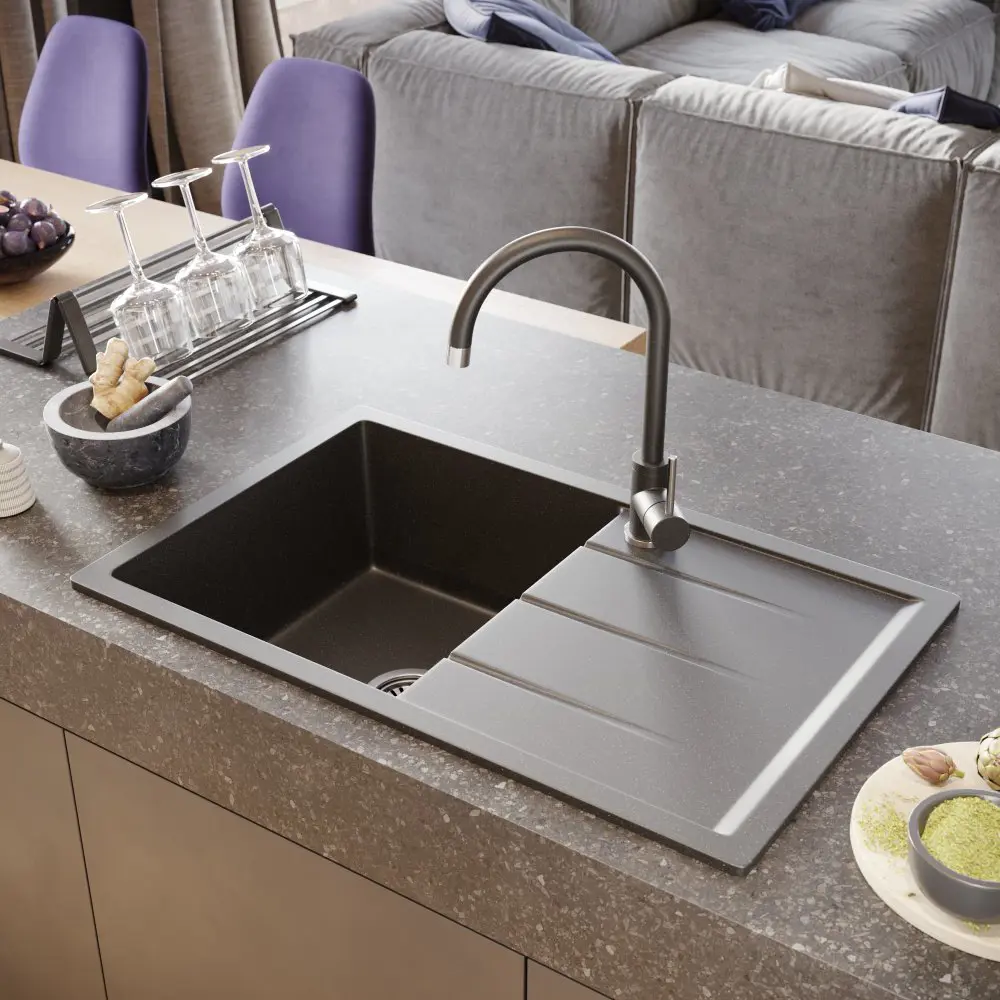 Фото 3 Врезная мойка Domaci Солерно EMQ-1800.Q 80x50x20 см кварц цвет черный Фото 3 Врезная мойка Domaci Солерно EMQ-1800.Q 80x50x20 см кварц цвет черный