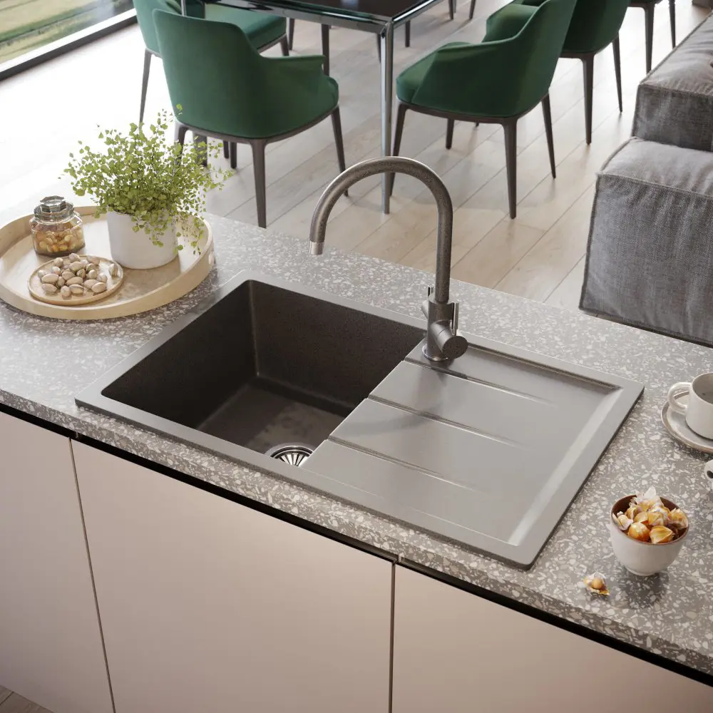 Фото 3 Врезная мойка Domaci Солерно EMQ-1800.Q 80x50x20 см кварц цвет черный/серый