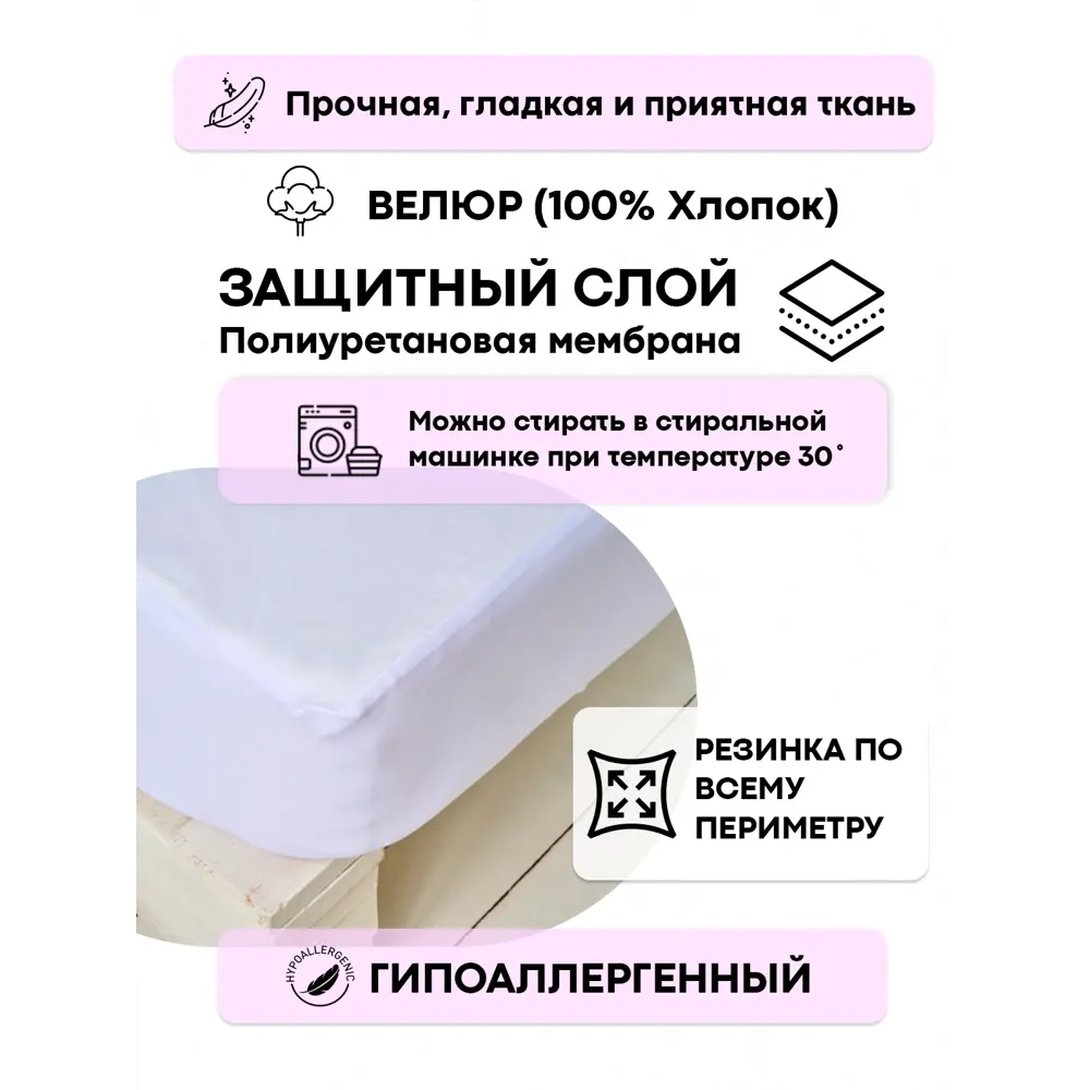 Фото 2 Наматрасник Sn Textile водонепроницаемый на резинке с бортом Велюр-Аквастоп 80x200 Фото 2 Наматрасник Sn Textile водонепроницаемый на резинке с бортом Велюр-Аквастоп 80x200