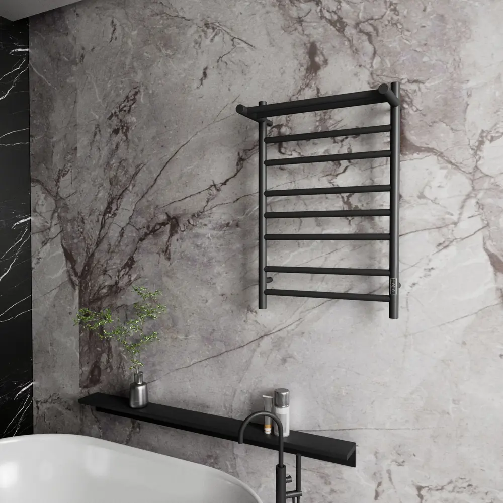 Фото 3 Полотенцесушитель электрический Bauedge Stil Shelf П7 500x800 мм 117 Вт с полкой лесенка цвет черный матовый Фото 3 Полотенцесушитель электрический Bauedge Stil Shelf П7 500x800 мм 117 Вт с полкой лесенка цвет черный матовый
