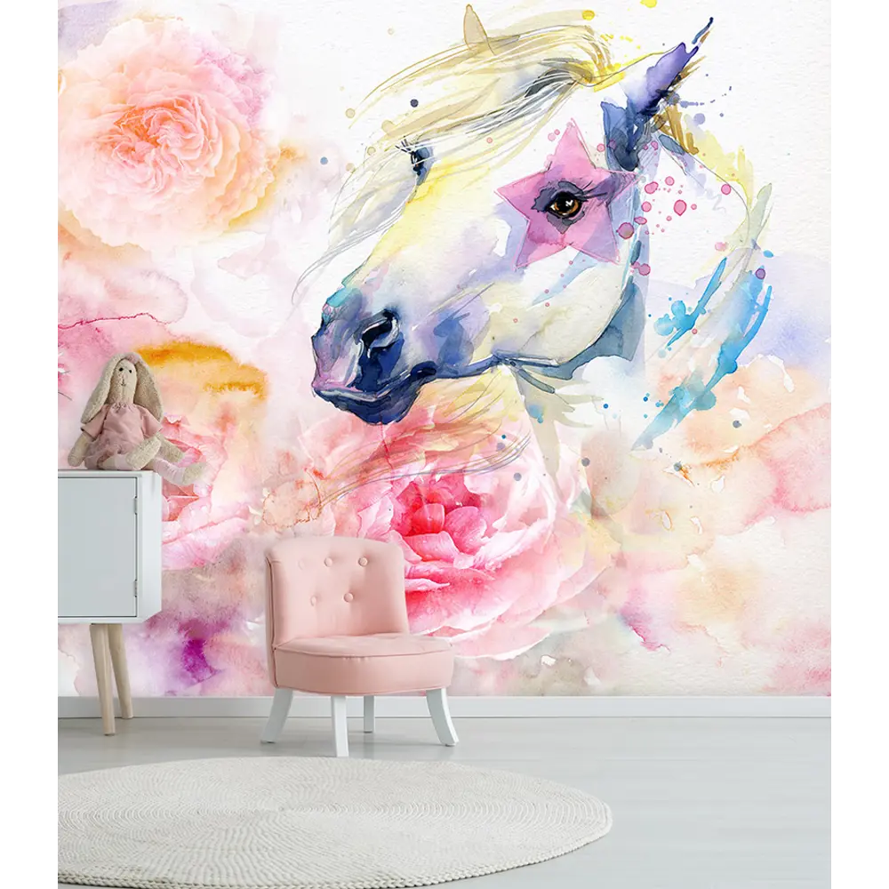 Фото 4 Фотообои флизелиновые Bartonwall 200x270 см Акварель цветы Лошадь