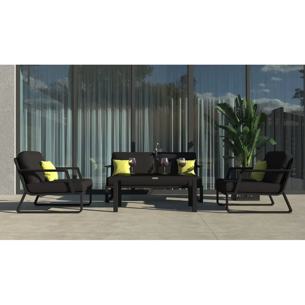 Фото Садовая мебель для отдыха Ideal patio outdoor style Estivo black алюминий бежевый:стол, диван, 2 кресла Фото Садовая мебель для отдыха Ideal patio outdoor style Estivo black алюминий бежевый:стол, диван, 2 кресла