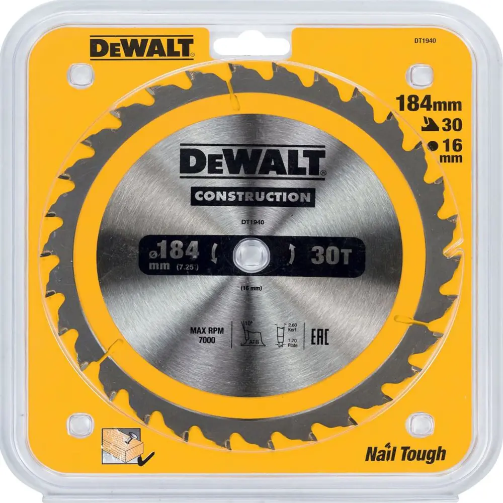 Фото Пильный диск по дереву с гвоздями Dewalt Construction 184х16 мм 30 зубов DT1940-QZ Фото Пильный диск по дереву с гвоздями Dewalt Construction 184х16 мм 30 зубов DT1940-QZ