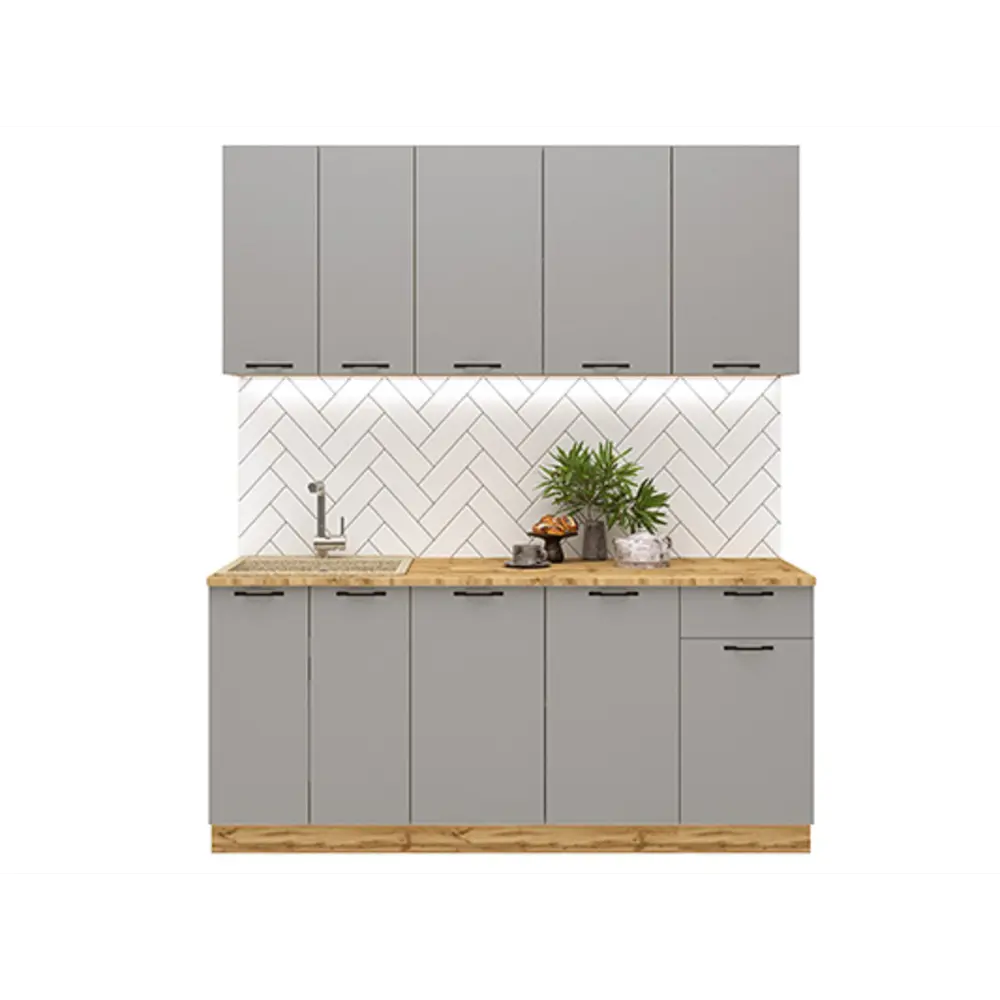 Фото 2 Кухонный гарнитур Mebiplex Вивиан 180x216.60x60 см МДФ цвет матовый серый/дуб вотан Фото 2 Кухонный гарнитур Mebiplex Вивиан 180x216.60x60 см МДФ цвет матовый серый/дуб вотан
