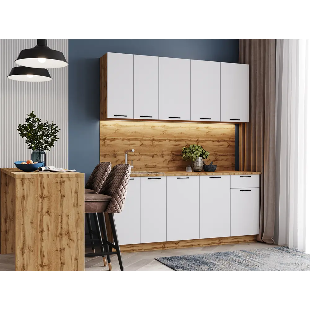 Фото Кухонный гарнитур Mebiplex Вивиан 180x216.60x60 см МДФ цвет белый матовый/дуб вотан Фото Кухонный гарнитур Mebiplex Вивиан 180x216.60x60 см МДФ цвет белый матовый/дуб вотан