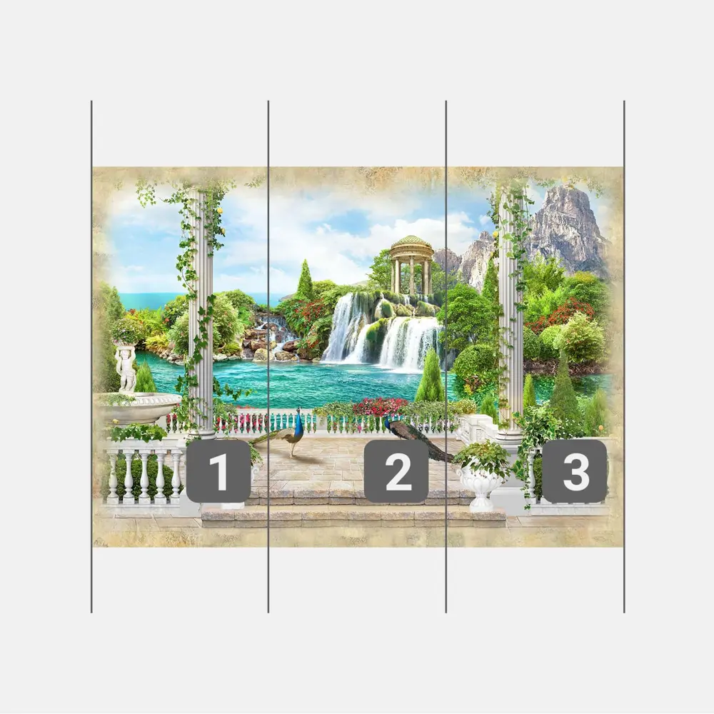 Фото 3 Фотообои флизелиновые Первое ателье 300x215 см Вид на ротонду и водопад с павлинами