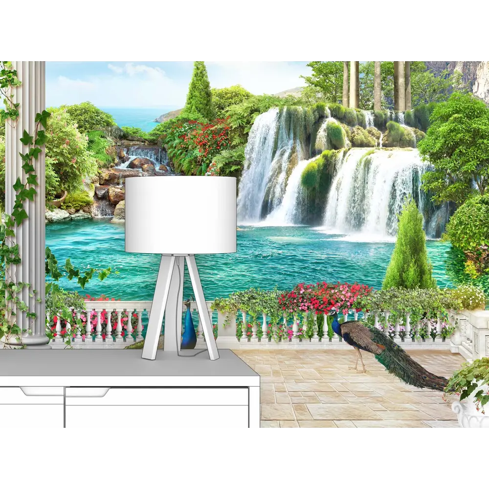 Фото 2 Фотообои флизелиновые Первое ателье 300x215 см Вид на ротонду и водопад с павлинами