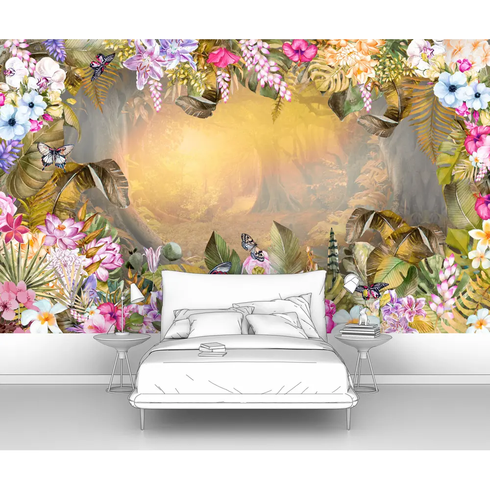 Фото Фотообои флизелиновые Первое ателье 170x100 см Рассвет в сказочном лесу в обрамлении цветов Фото Фотообои флизелиновые Первое ателье 170x100 см Рассвет в сказочном лесу в обрамлении цветов