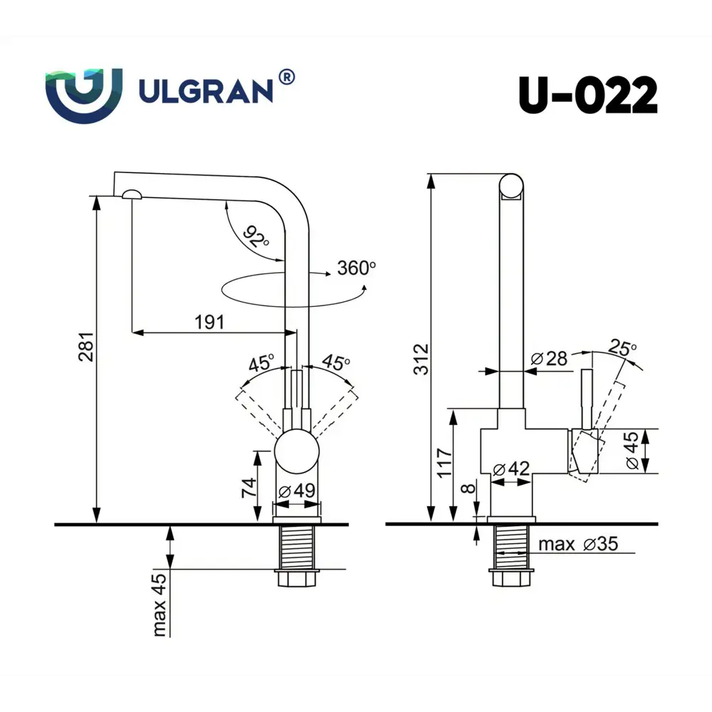 Фото 2 Смеситель для кухни однорычажный Ulgran Classic u-022 высота 28.1 см цвет нержавеющая сталь Фото 2 Смеситель для кухни однорычажный Ulgran Classic u-022 высота 28.1 см цвет нержавеющая сталь