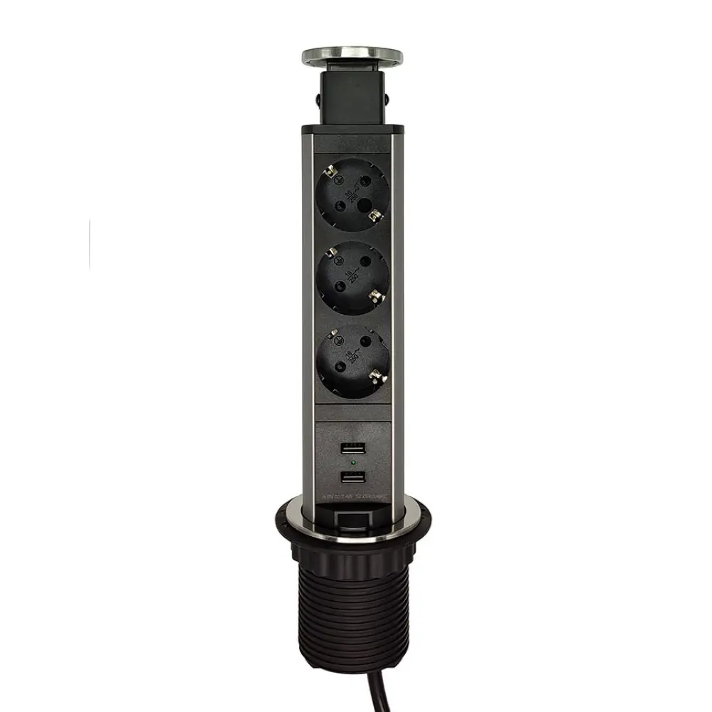 Фото Розетка выдвижная тройная встраиваемая Rocketsocket AM-105S-3EU2UC-12 с заземлением вертикальная 2 USB цвет чёрный графит Фото Розетка выдвижная тройная встраиваемая Rocketsocket AM-105S-3EU2UC-12 с заземлением вертикальная 2 USB цвет чёрный графит