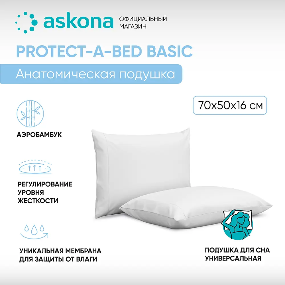 Фото Подушка анатомическая Askona Protect-a-bed серия Basic 50x70 см, полиэфирное волокно Фото Подушка анатомическая Askona Protect-a-bed серия Basic 50x70 см, полиэфирное волокно