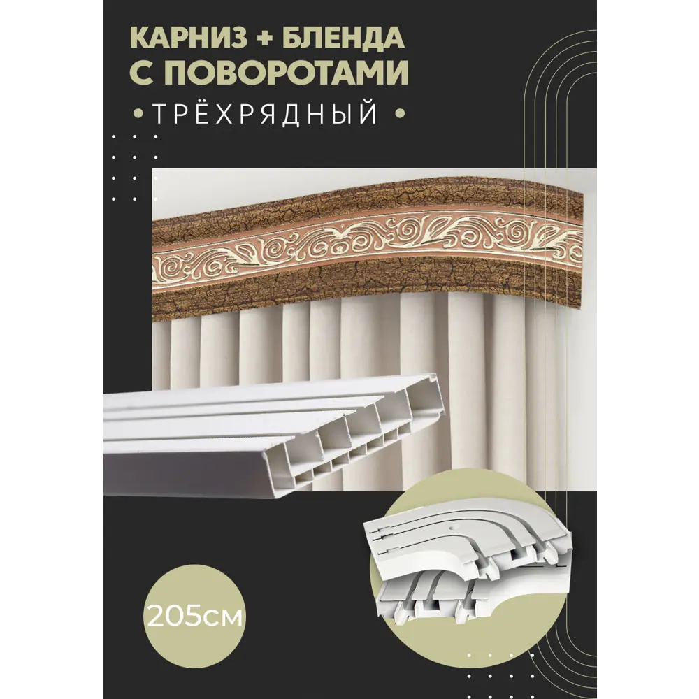 Фото Карниз шинный трехрядный из ПВХ составной ПоставщикоФФ дизайн 20 общая длина 205 см Фото Карниз шинный трехрядный из ПВХ составной ПоставщикоФФ дизайн 20 общая длина 205 см