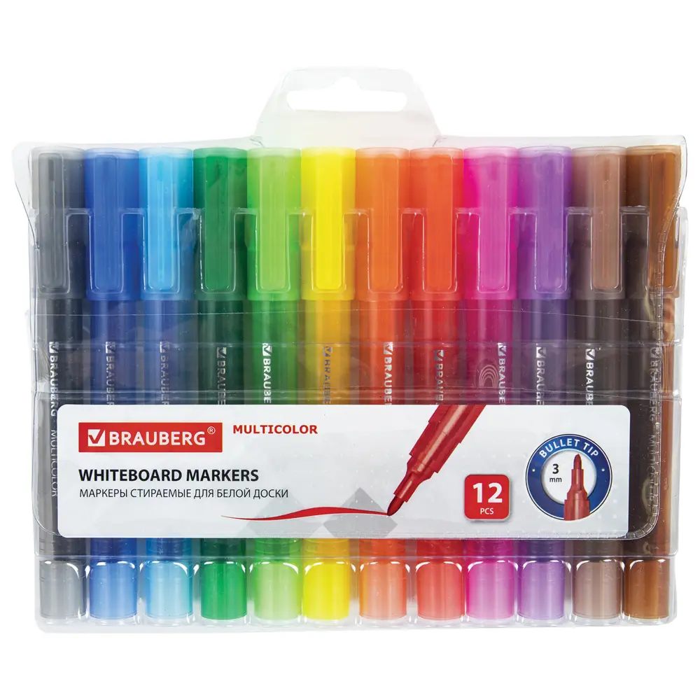 Фото Маркеры стираемые для белой доски Brauberg Multicolor 152121, Набор 12 Цветов, 3 мм