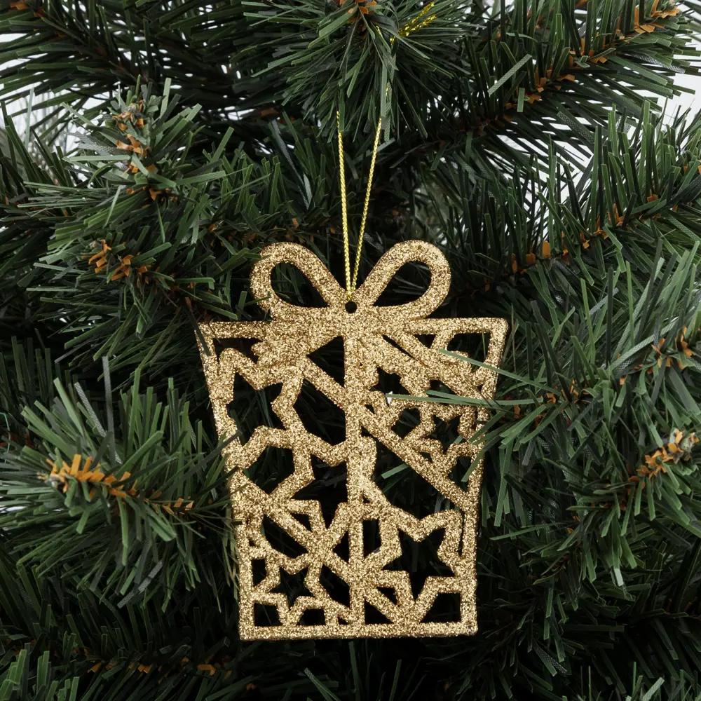 Фото 3 Елочная игрушка «Подарочек» 10 см глиттер золотой