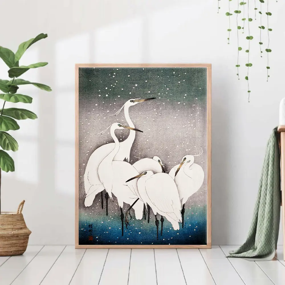Фото Постер 28 картин "Белые цапли репродукция в японском стиле" 50x40 см в тубусе без рамы