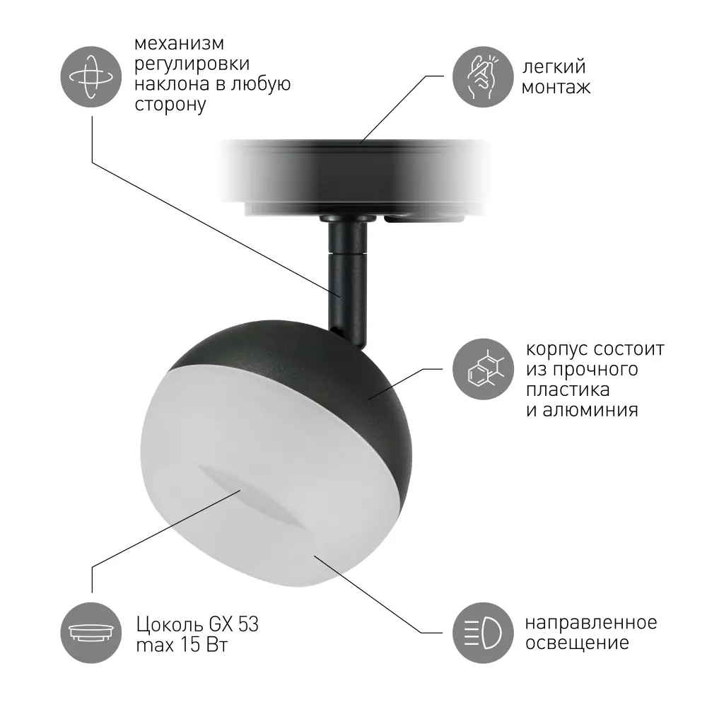 Фото 4 Трековый светильник ЭРА TR46 - GX53 BK Б0054153 светодиодный 15 Вт однофазный цвет черный Фото 4 Трековый светильник ЭРА TR46 - GX53 BK Б0054153 светодиодный 15 Вт однофазный цвет черный