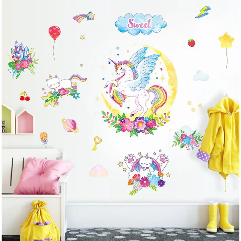 Фото Наклейка интерьерная Simaland цветная "Единорог и котики в цветах" 60x90 см