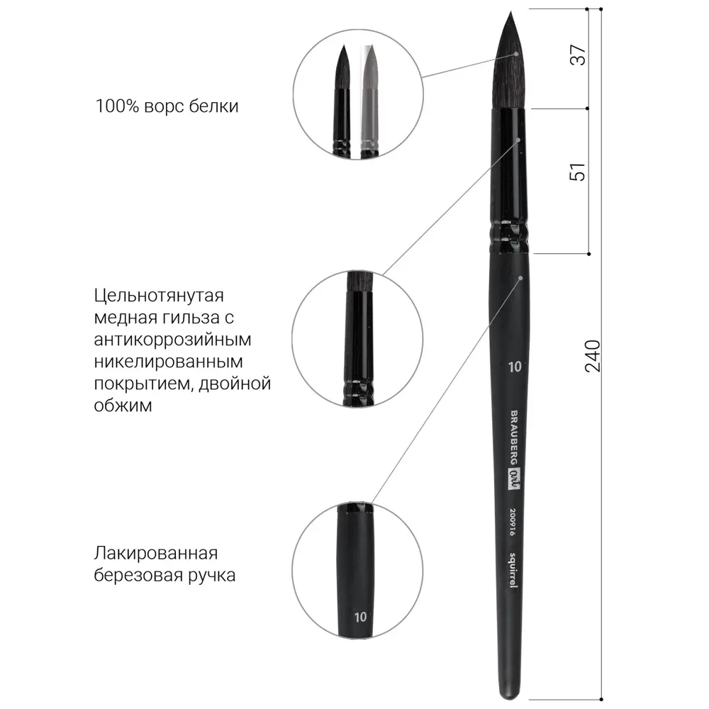 Фото 5 Кисть художественная для рисования профессиональная из натурального ворса Brauberg Art Classic белка круглая № 10 короткая ручка 200916 Фото 5 Кисть художественная для рисования профессиональная из натурального ворса Brauberg Art Classic белка круглая № 10 короткая ручка 200916
