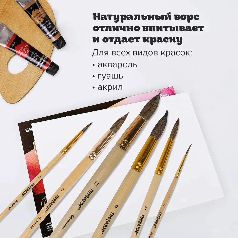 Фото 9 Кисти/кисточки для акварели гуаши для рисования Пифагор набор 6шт (беличьи круглые № 1 3 5 7 9 11) блистер 200891 Фото 9 Кисти/кисточки для акварели гуаши для рисования Пифагор набор 6шт (беличьи круглые № 1 3 5 7 9 11) блистер 200891