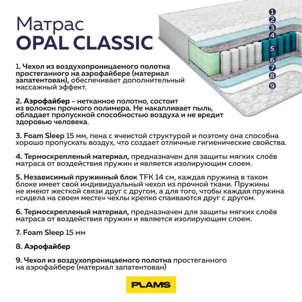 Фото 5 Матрас Plams Opal Classic 140x180 см независимый пружинный блок, полутораспальный, ортопедический Фото 5 Матрас Plams Opal Classic 140x180 см независимый пружинный блок, полутораспальный, ортопедический