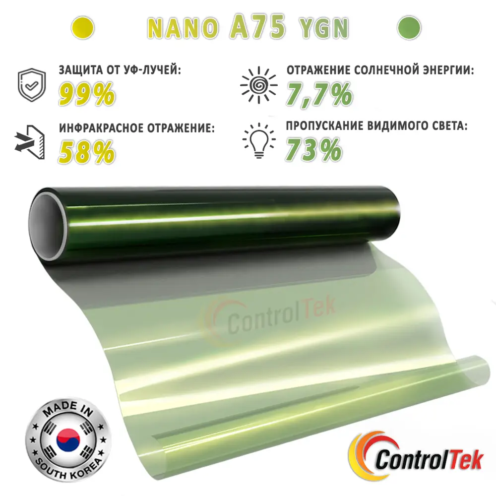 Фото 3 Пленка самоклеящаяся атермальная для стекла ControlTek Nano A75 YGN 0.75x10 м, толщина: 56 мкм, желто-зеленая Фото 3 Пленка самоклеящаяся атермальная для стекла ControlTek Nano A75 YGN 0.75x10 м, толщина: 56 мкм, желто-зеленая