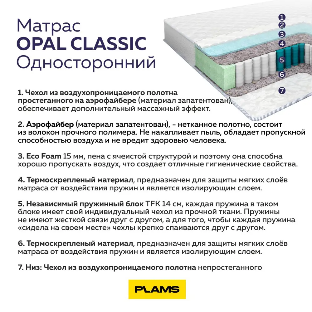 Фото 5 Матрас Plams Opal Classic 80x185 см односторонний, независимый пружинный блок, односпальный Фото 5 Матрас Plams Opal Classic 80x185 см односторонний, независимый пружинный блок, односпальный