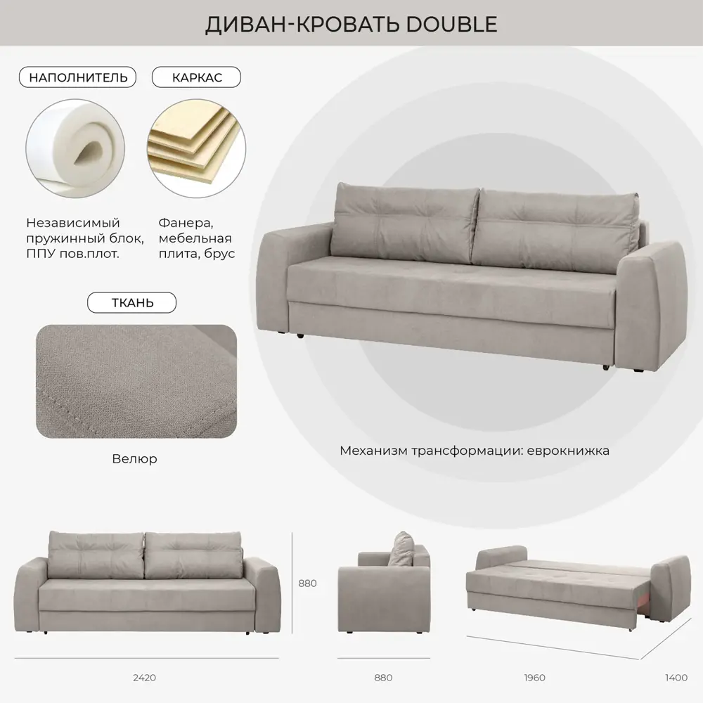 Фото 6 Диван прямой Nrava Double 242x88x72см дерево цвет серый Фото 6 Диван прямой Nrava Double 242x88x72см дерево цвет серый