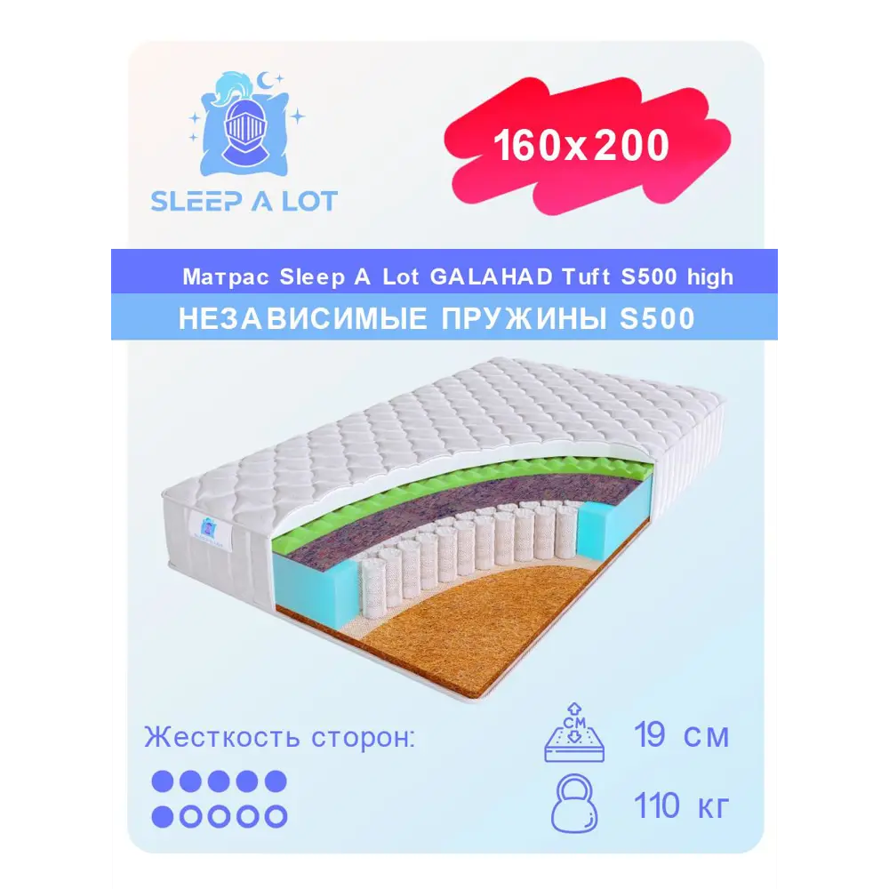 Фото Матрас Sleep A Lot Tuft S500 high 160x200 см независимый пружинный блок, двуспальный, ортопедический, кокосовый