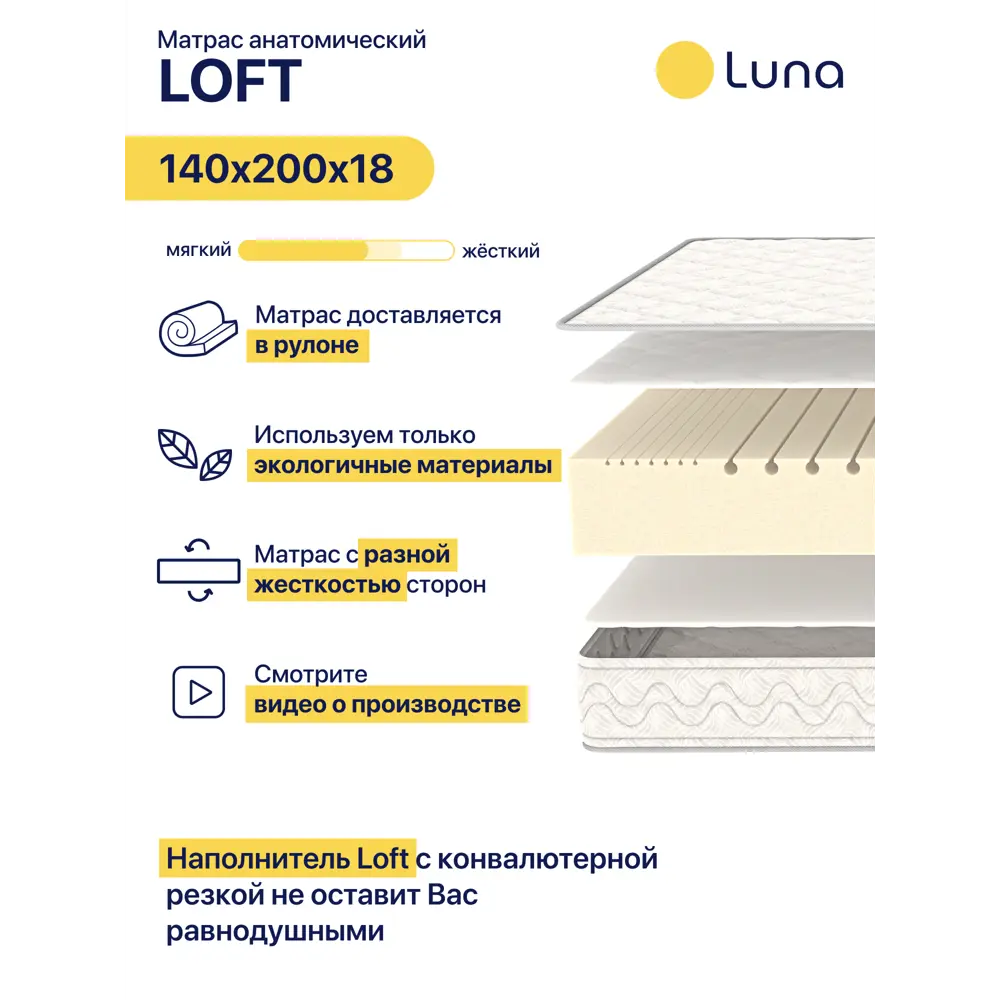 Фото 3 Матрас Luna Loft 140x200 см беспружинный, двуспальный, ортопедический Фото 3 Матрас Luna Loft 140x200 см беспружинный, двуспальный, ортопедический