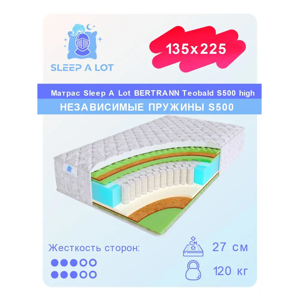 Фото Матрас Sleep A Lot Bertrann Teobald S500 high 135x225 см независимый пружинный блок, полутораспальный, ортопедический, кокосовый Фото Матрас Sleep A Lot Bertrann Teobald S500 high 135x225 см независимый пружинный блок, полутораспальный, ортопедический, кокосовый