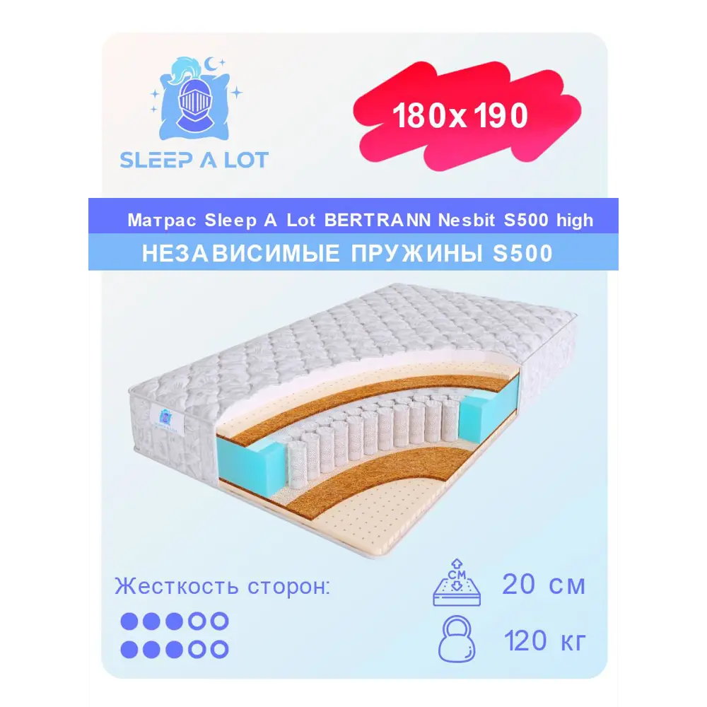 Фото Матрас Sleep A Lot Bertrann Nesbit S500 high 180x190 см независимый пружинный блок, двуспальный, ортопедический, кокосовый Фото Матрас Sleep A Lot Bertrann Nesbit S500 high 180x190 см независимый пружинный блок, двуспальный, ортопедический, кокосовый