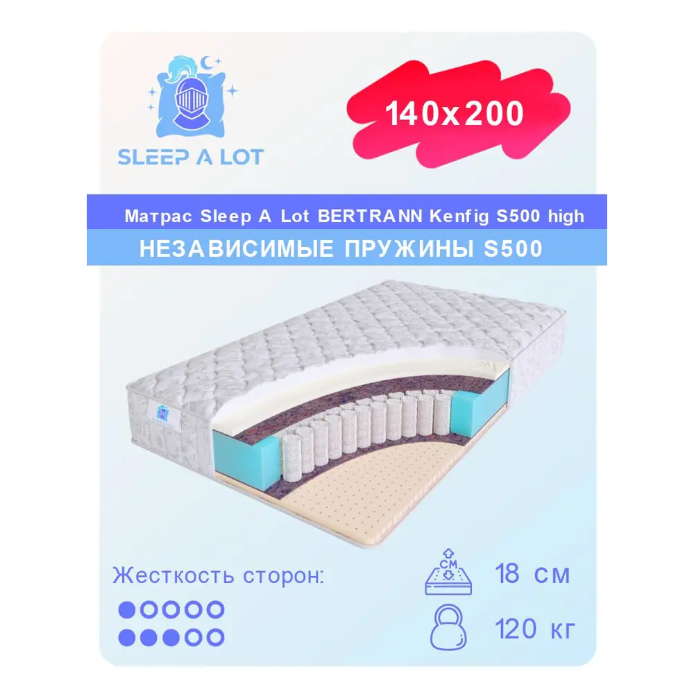 Фото Матрас Sleep A Lot Bertrann Kenfig S500 high 140x200 см независимый пружинный блок, полутораспальный, ортопедический, латексный
