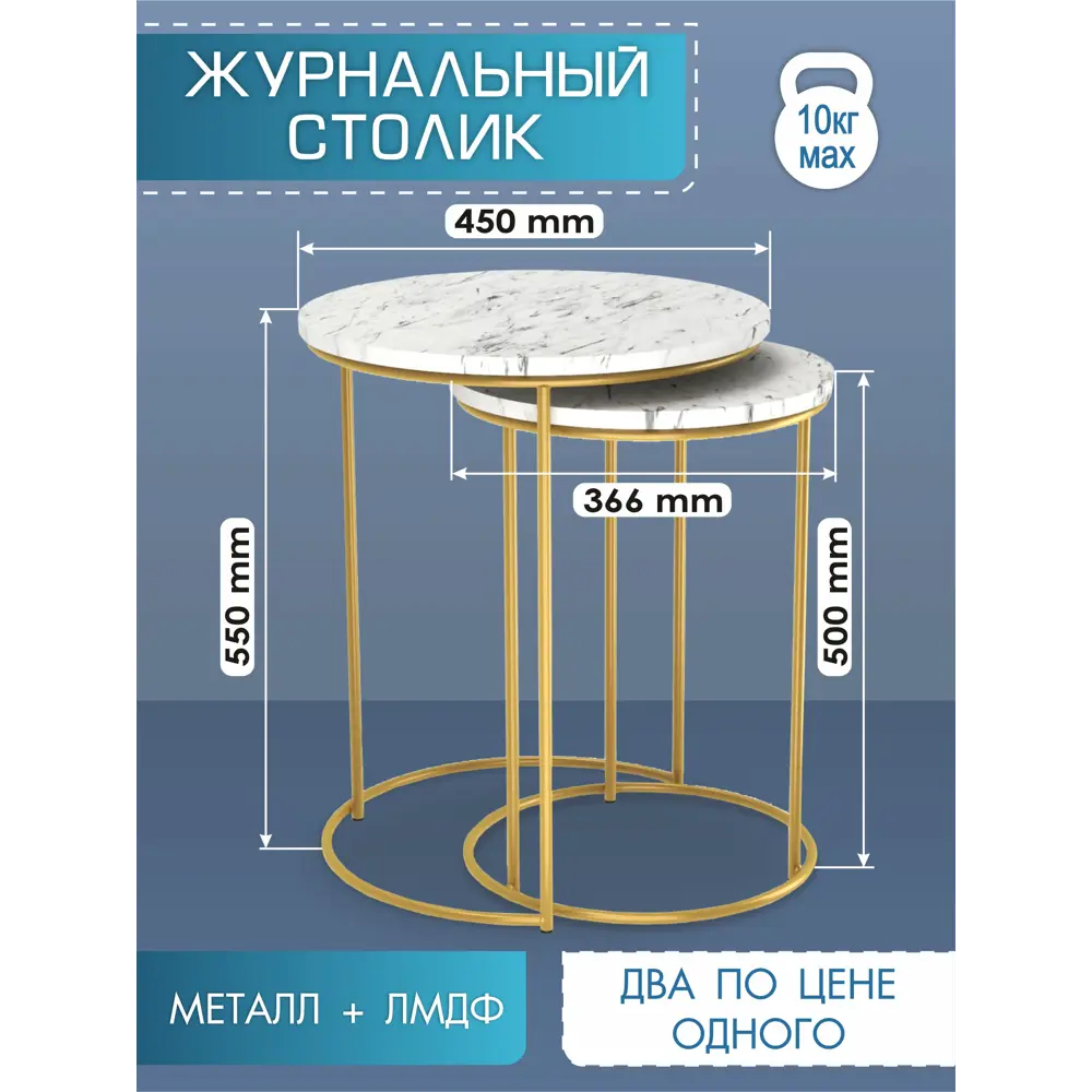Фото Журнальный столик круглый Мебелик 45x45 см мрамор каррара белый/золото Фото Журнальный столик круглый Мебелик 45x45 см мрамор каррара белый/золото