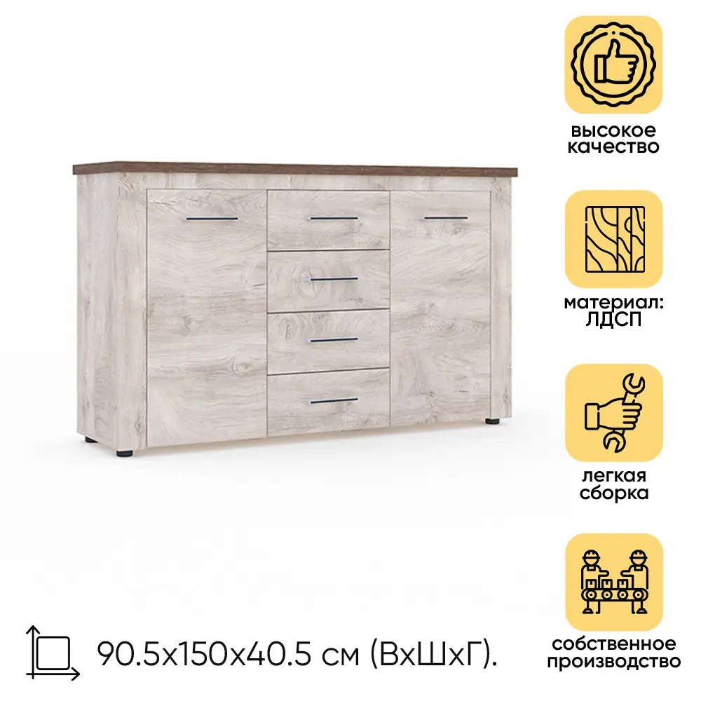 Фото 2 Комод Мэдисон 4 ящика 150x40.5x90.5 см ЛДСП цвет бежевый Фото 2 Комод Мэдисон 4 ящика 150x40.5x90.5 см ЛДСП цвет бежевый